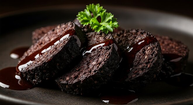 Black Pudding Slices with Rich Sauce and Fresh Parsley on a Dark Plate