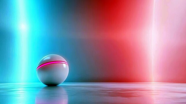 A white sphere with a glowing pink stripe sits on a reflective surface, illuminated by vibrant blue and red neon lights.