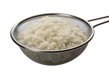 Close up of fluffy white rice in a metal sieve isolated on transparent background