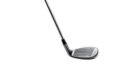 Golf club head, metal, dark shaft against a dark background