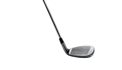 Golf club head, metal, dark shaft against a dark background