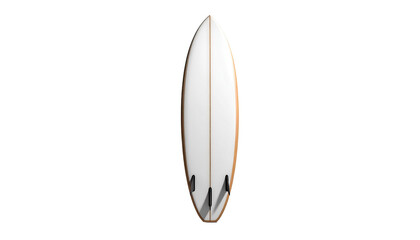 White surfboard with dark fins stands vertically on black