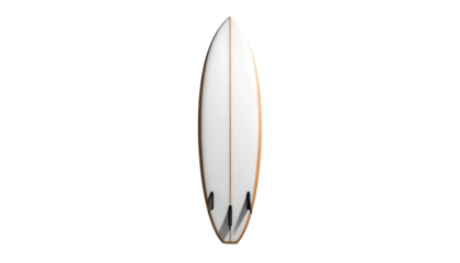 White surfboard with dark fins stands vertically on black