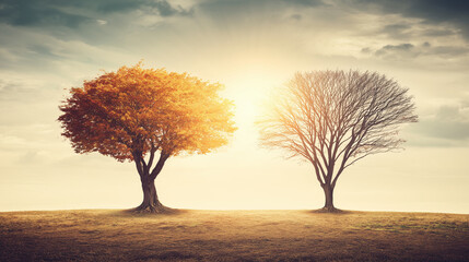 adjustment. Two intertwined trees support each other in autumn, symbolizing family and change. representing seasonal cycles and harvest abundance.