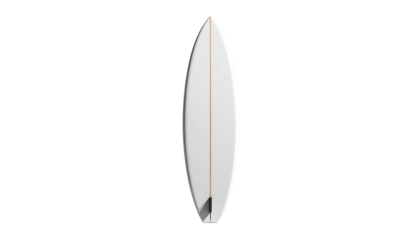 Vertical white surfboard with a dark fin on a black backdrop