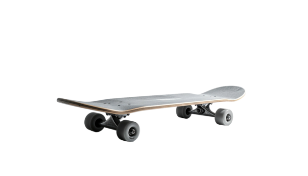 Simple grey skateboard shown angled right, isolated background
