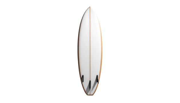 White surfboard with dark fins stands vertically on black