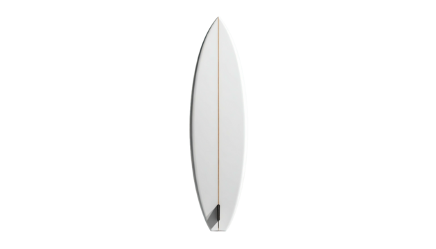Vertical white surfboard with a dark fin on a black backdrop