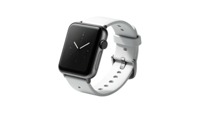 Black smart watch with white band isolated on black background