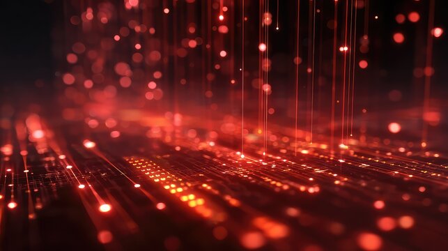 Digital data flowing on futuristic red circuit board