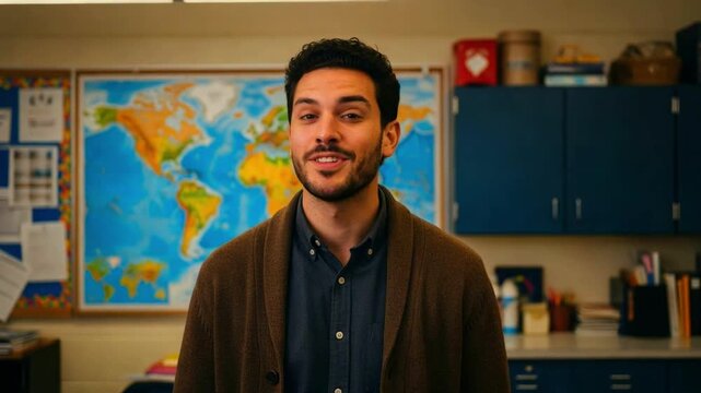 A man stands in a classroom, speaking in front of a world map