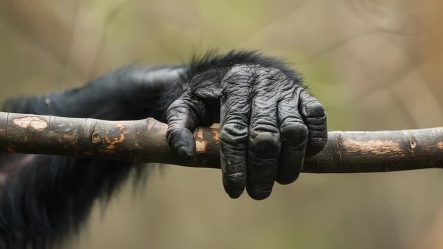 Close-up of ape's hand gripping tree branch