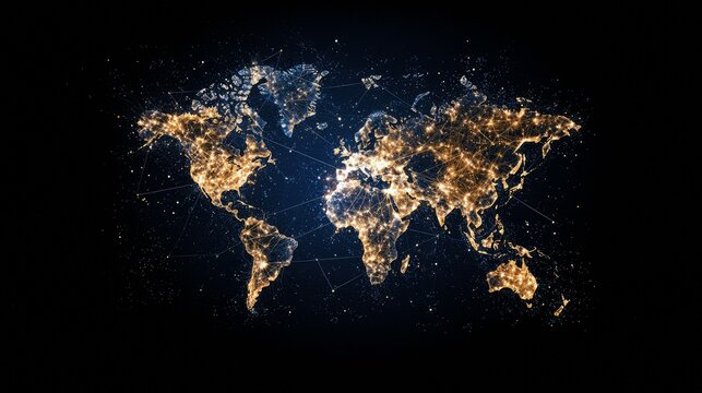 A glowing world map at night, depicting continents illuminated by city lights and connected by a network of lines, symbolizing global connectivity and communica