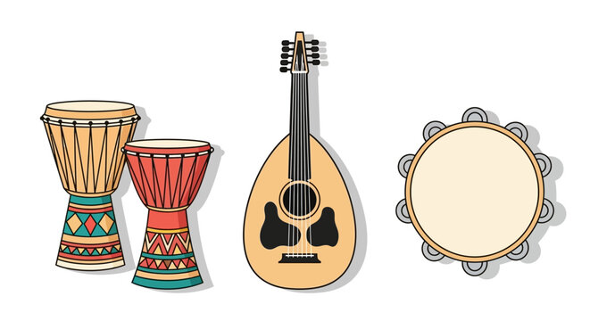 Collection of musical instruments including drums and a lute, presented on a white background