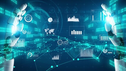 This image features robotic hands interacting with various digital data graphics, illustrating a blend of technology and data analysis for innovative solutions in a vibrant setting. Xenic - Powered by Adobe