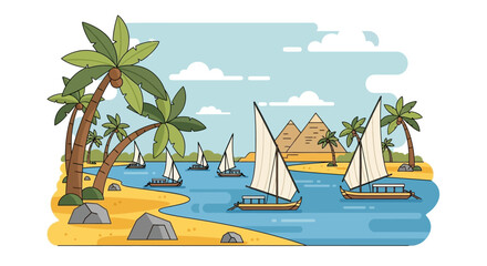 Coastal Scene with Palm Trees, Sailing Boats, Pyramids, and Scenic Egyptian Landscape View