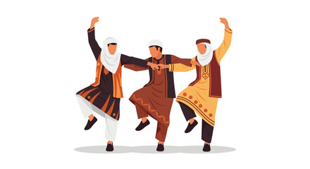 Three friends celebrating and dancing in traditional attire during a festive occasion