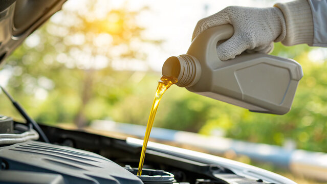 Close-up of a gloved hand pouring fresh motor oil from a grey bottle into a car engine, highlighting routine vehicle maintenance and automotive care - Powered by Adobe