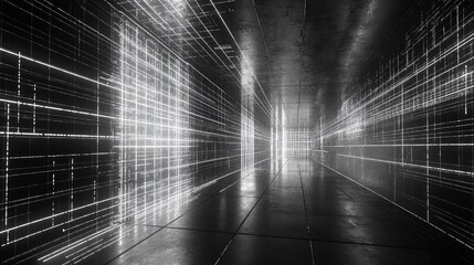 Digital grid tunnel creating abstract futuristic network structure