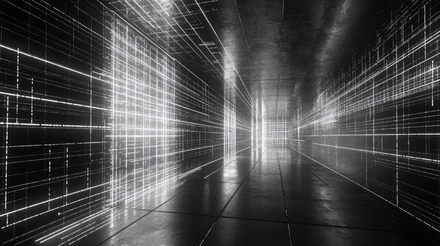 Digital grid tunnel creating abstract futuristic network structure