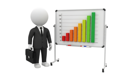 3d businessman with briefcase presenting an upward trend chart