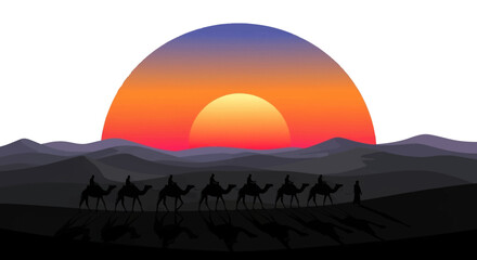 Obraz premium Desert Caravan at Sunset Silhouette of Camels Trekking Through the Dunes