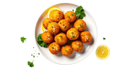 Arancini dish, top-down. Garnish, plate, isolated on black