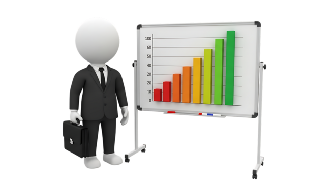 3d businessman with briefcase presenting an upward trend chart