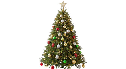 Naklejka premium Festive Christmas Tree Decorated Colorful Ornaments Golden Star on White Background