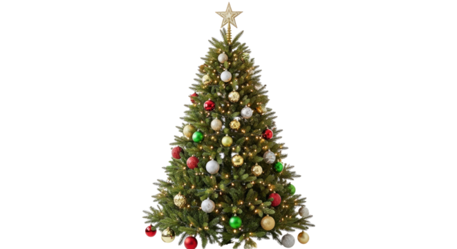 Festive Christmas Tree Decorated Colorful Ornaments Golden Star on White Background