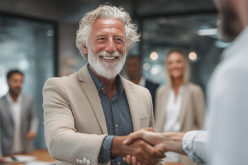 Smiling senior businessman with white beard shaking hands with partner in modern office setting