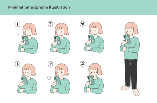 スマートフォンを見る女性キャラクターの表情バリエーションセット（6種＋全身）。ビジネス、オンラインコミュニケーション、アプリ紹介、SNS関連のデザインに使いやすいシンプルイラスト。