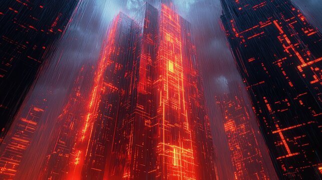 Cyberpunk cityscape with glowing red digital data rain - Powered by Adobe