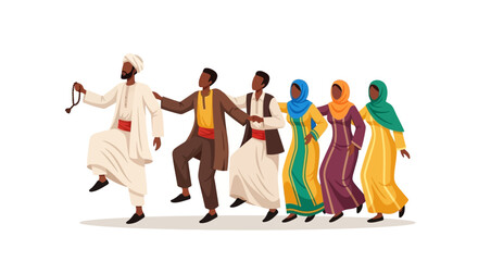Obraz premium A vibrant illustration of a diverse group of people in traditional clothing performing a celebratory folk line dance together