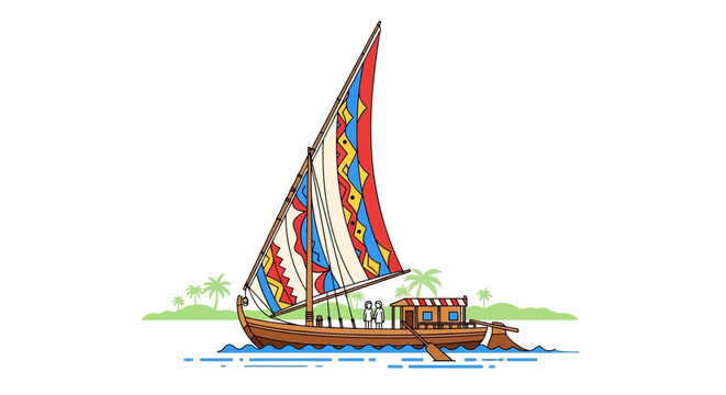 Vibrant traditional sailing boat with decorative sail gliding on clear blue water, a symbol of cultural heritage and serene ocean travel illustration