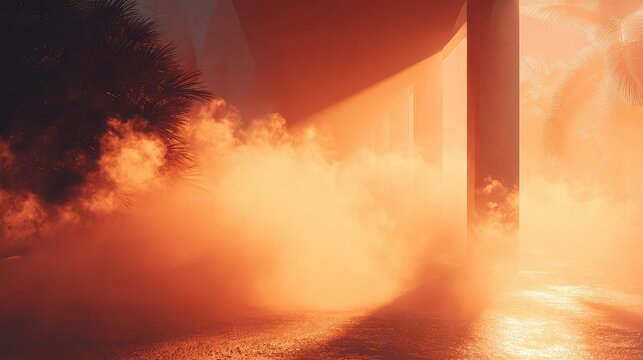 Tropical architectural scene with vaporwave sunset and fog