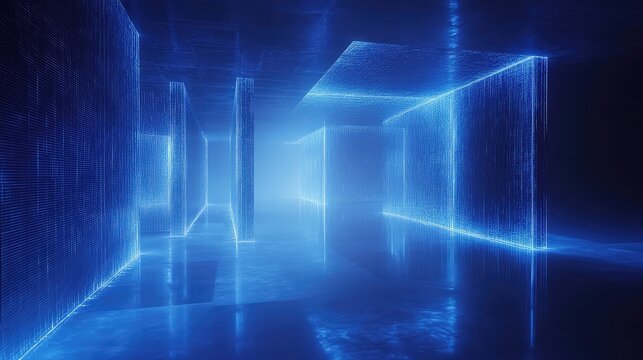 Digital data moving through futuristic blue server room
