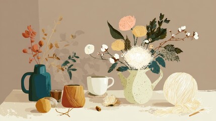Serene Painterly Still Life with Muted Florals, Rustic Pottery, and a Woven Sphere.