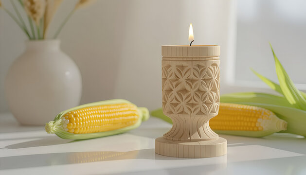Wooden kinara candleholder on ivory background with copy space