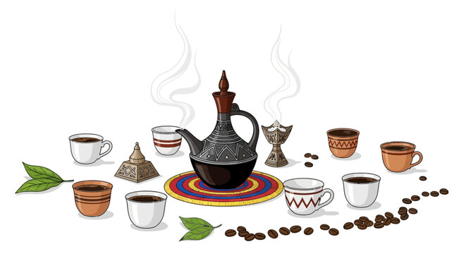 Traditional Ethiopian coffee ceremony vector illustration with a classic jebena pot, incense burner, and small cups