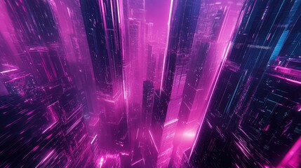 Futuristic cityscape, vibrant neon purple glowing light