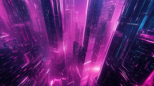 Futuristic cityscape, vibrant neon purple glowing light