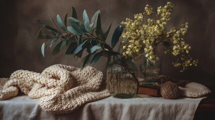 Cozy Rustic Still Life - Knitted Blanket, Green Foliage, and Delicate Yellow Blooms in Soft Light.