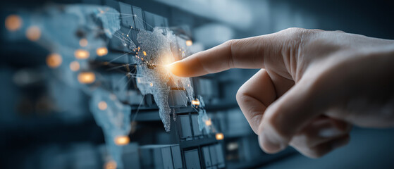 Global connection: a hand touching a digital world map with glowing connections and data points.