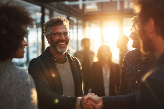 Smiling bearded man in glasses shakes hand with colleague at rooftop sunset meeting