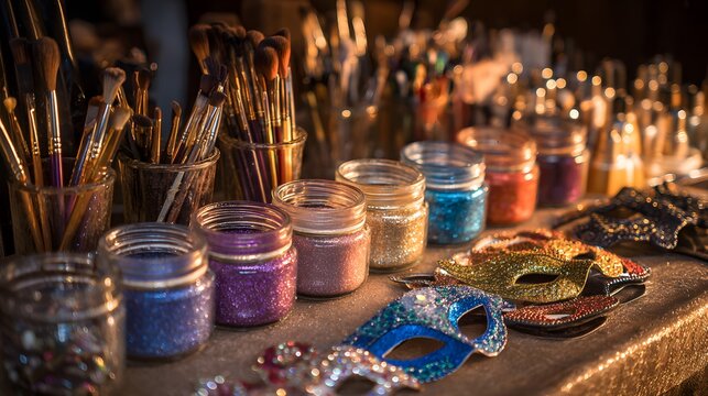 Close up of glitter jars and paint brushes with masks on a table in a dimly lit environment - Powered by Adobe