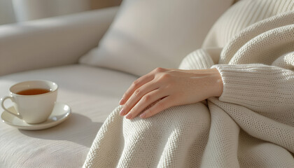 Freckled woman’s hand in a calm mood resting on linen against a bright interior background with copy space