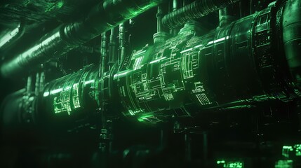 Green glowing futuristic data pipeline connecting advanced technology