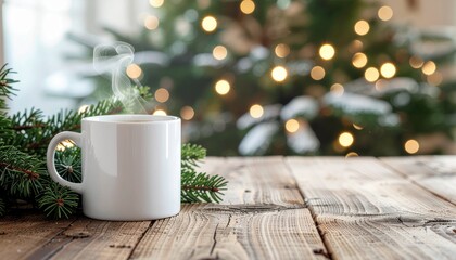 Steaming White Mug and Green Fir Branches on Wooden Table with Christmas Tree Lights Background
