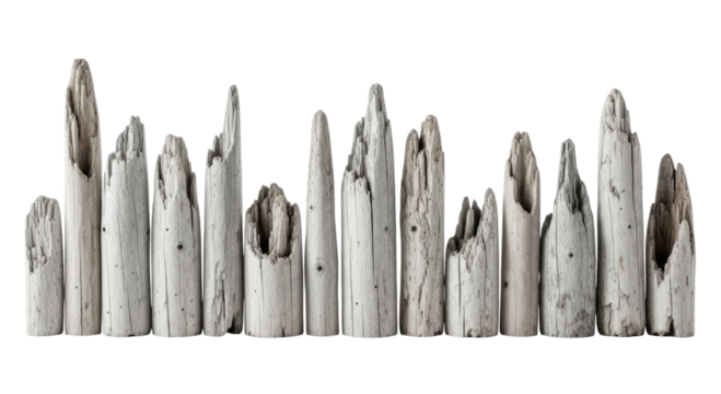 Collection of ancient wooden stakes transparent background cutout png